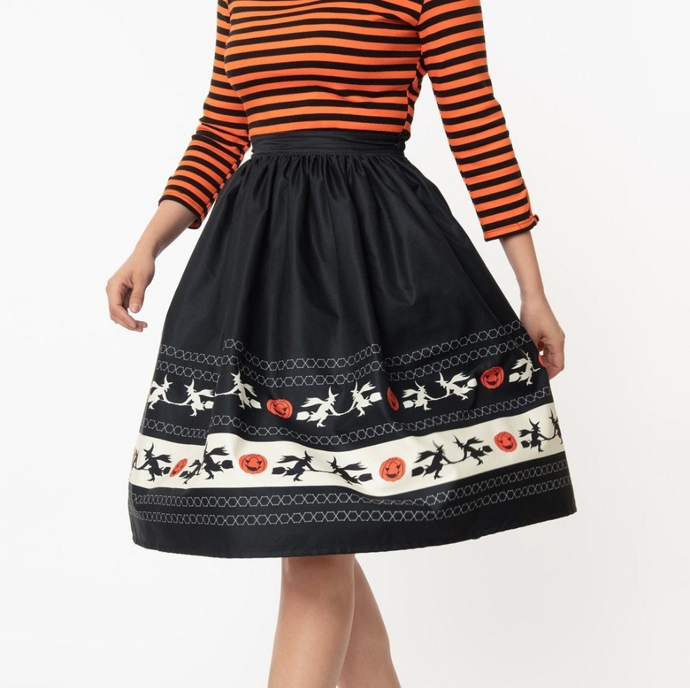 Unique Vintage Womens Halloween Full swing skirt witches on broom(large 10-17)